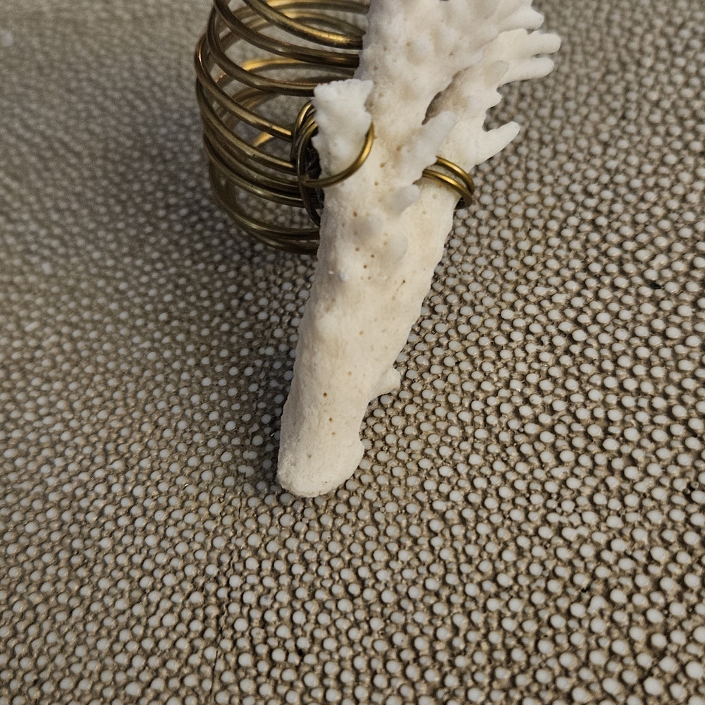 Stylish Gold Tone Coil Ring With Mounted 2 3/4" White Branch Coral. Size Adjusts